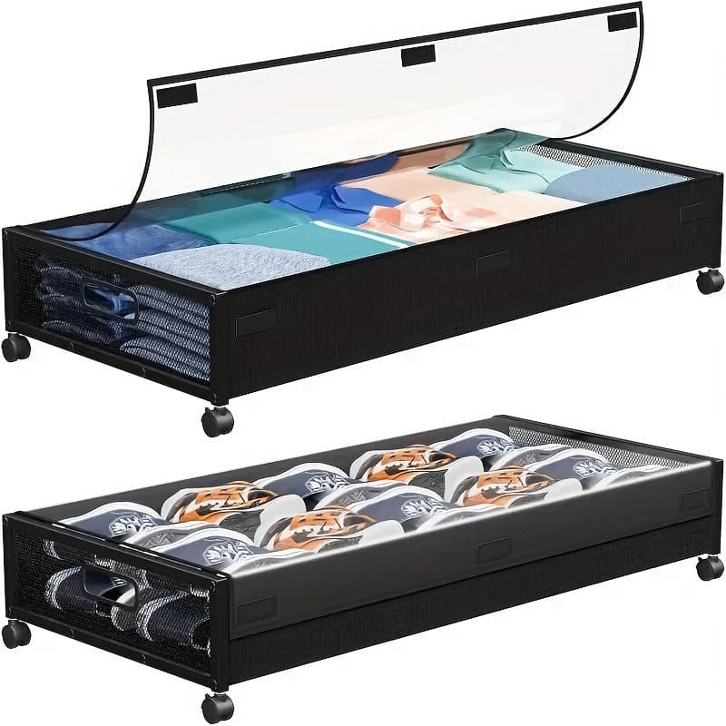 TEMU 2 Pack Under Bed Storage With Wheels, Underbed Storage Containers With Clear Lids - Rolling Drawers & Bins For Clothes, Shoes, Books, Blankets, Bedroom Storage Box Black, Under-bed Storage