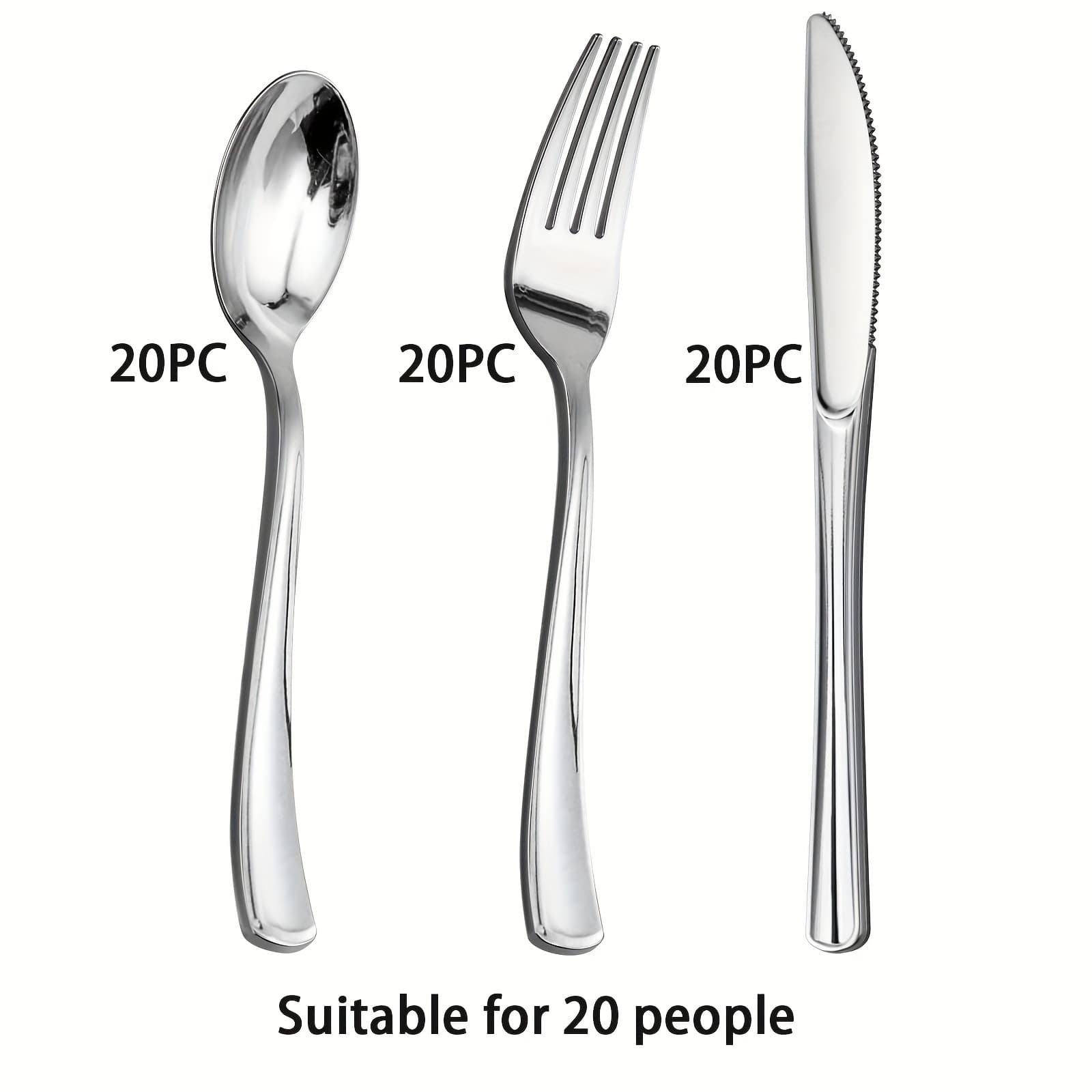 TEMU 60pcs Silvery Plastic Tableware Set - Durable Plastic Cutlery - 20 Forks, 20 Knives, 20 Spoons - Disposable Silvery Tableware, Perfect For Parties/weddings/holiday