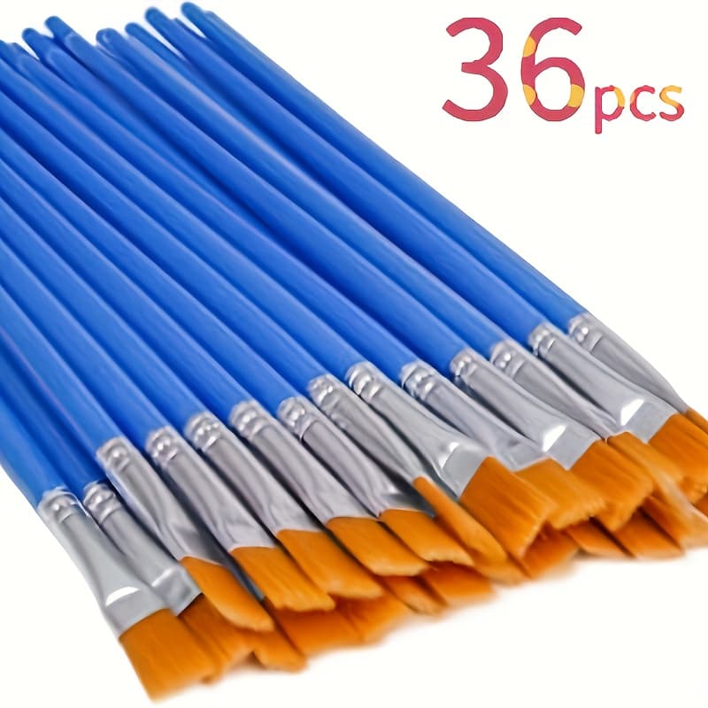 TEMU Set Of 36 Flat-tipped Nylon Brushes - Ideal For Acrylics, Watercolors, Oil Painting, And Line Art - Versatile Craft Brushes, Great For Students And Novices