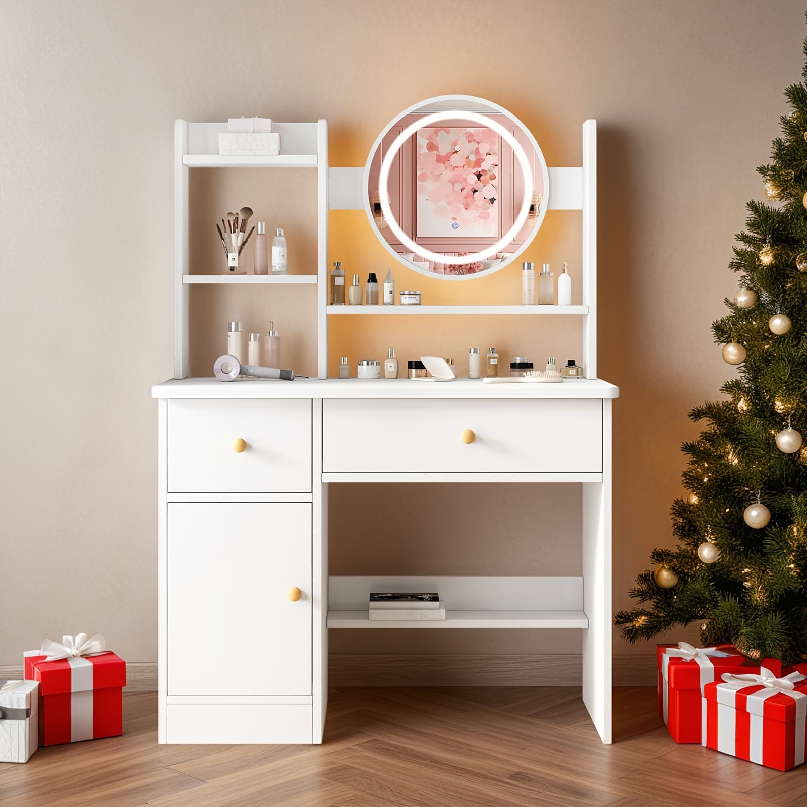 TEMU Makeup Vanity Desk With Mirror And Lights Touch Screen Lighted 3 Lighting Brightness Adjustable Vanity Desk Makeup Vanity With Drawers And Storage Shelves Bedroom Vanity Dressing Table