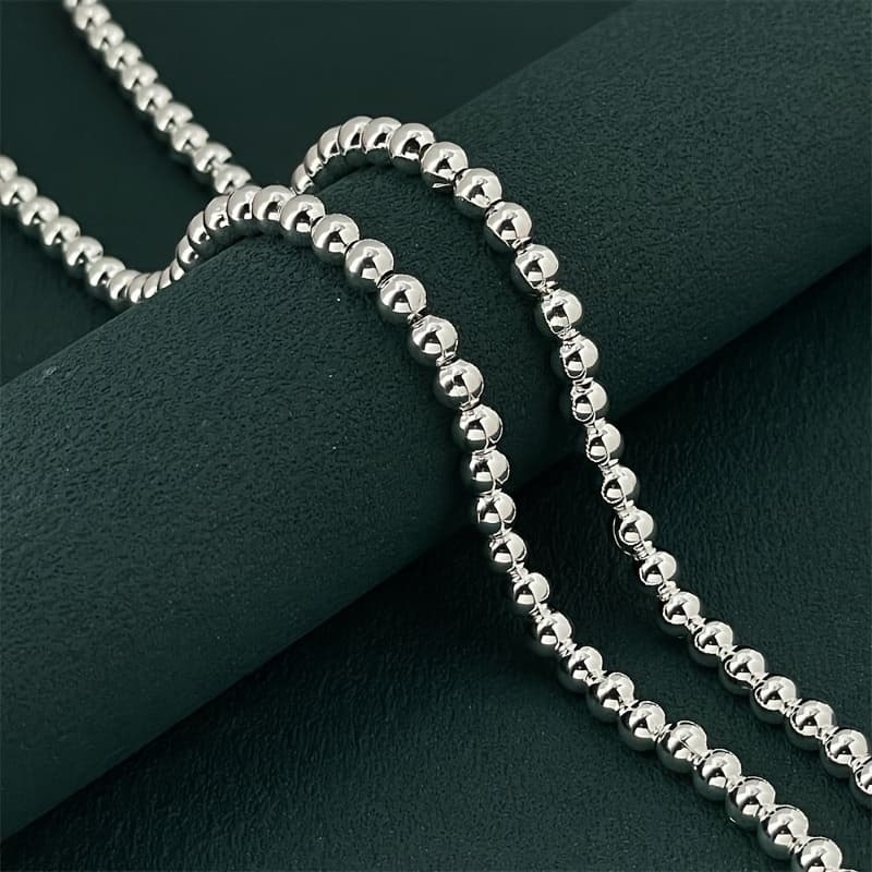 TEMU 1pc Elegant 925 Sterling Silver Beaded Necklace, Adjustable 16 Inches, Chic Round Bead Chain, Fashionable Jewelry Accessory