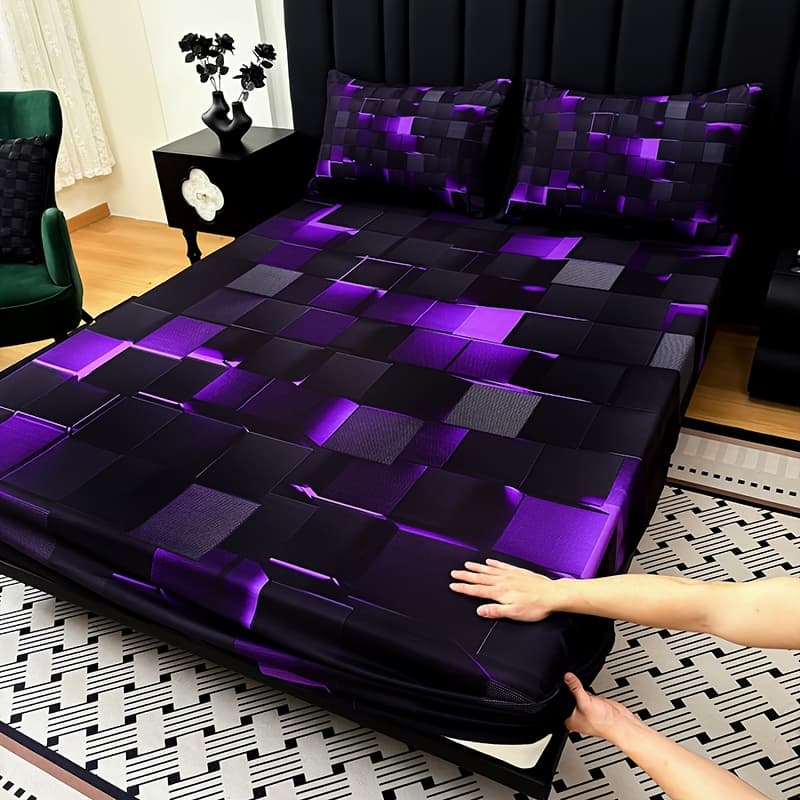 TEMU 2d Flat 3pcs Cool Technology Digital Printing Material Plaid Fitted Sheet(1pc Bed Sheet+2pcs Pillowcase No Filling) Deep Pocket In 15 Inch, At Home Dormitory Suitable For All Mattress Protector