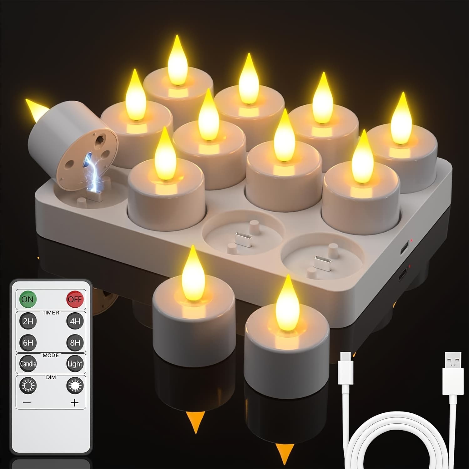 TEMU 12pcs Rechargeable Tea Light Candle Set (includes Charging Base And Remote Timer), Flame- Tea Lights, Battery-powered, Halloween Christmas Fall Winter Wedding Table Decor