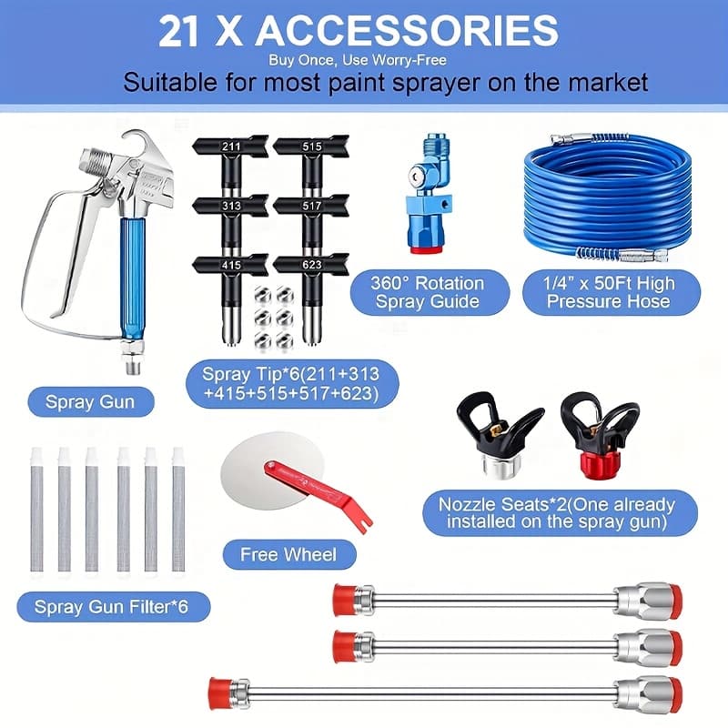 TEMU 22pcs Airless Kit, 3600psi Airless Spray Gun With 50ft High Pressure Hose And 6pcs Reversible And 4pcs Extension Rod And 6pcs Filters And Guide Tool And Nozzle Seat
