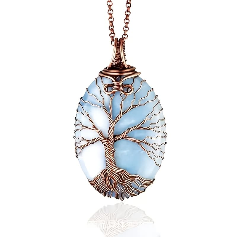 TEMU Vintage Style Copper Wire Wrapped Tree Of Life Pendant Necklace With Natural Gemstones - Perfect For Casual Decor