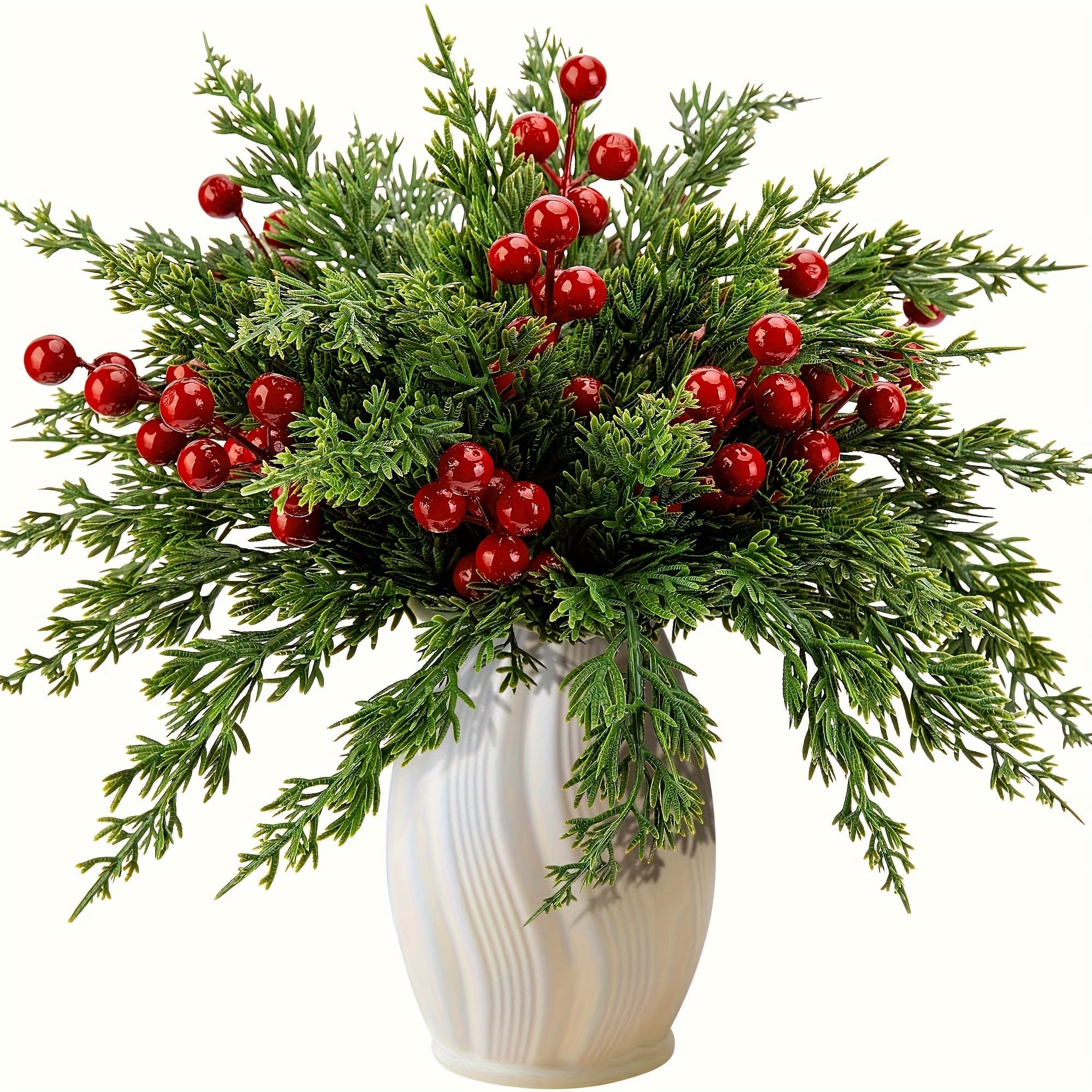 TEMU 35pcs Forxon+10pcs Red Flower Artificial Christmas Vine With Red Berries - Plastic Faux Pine Branches For Diy Crafts, Garland, And Home Decor - Christmas Holiday Greenery