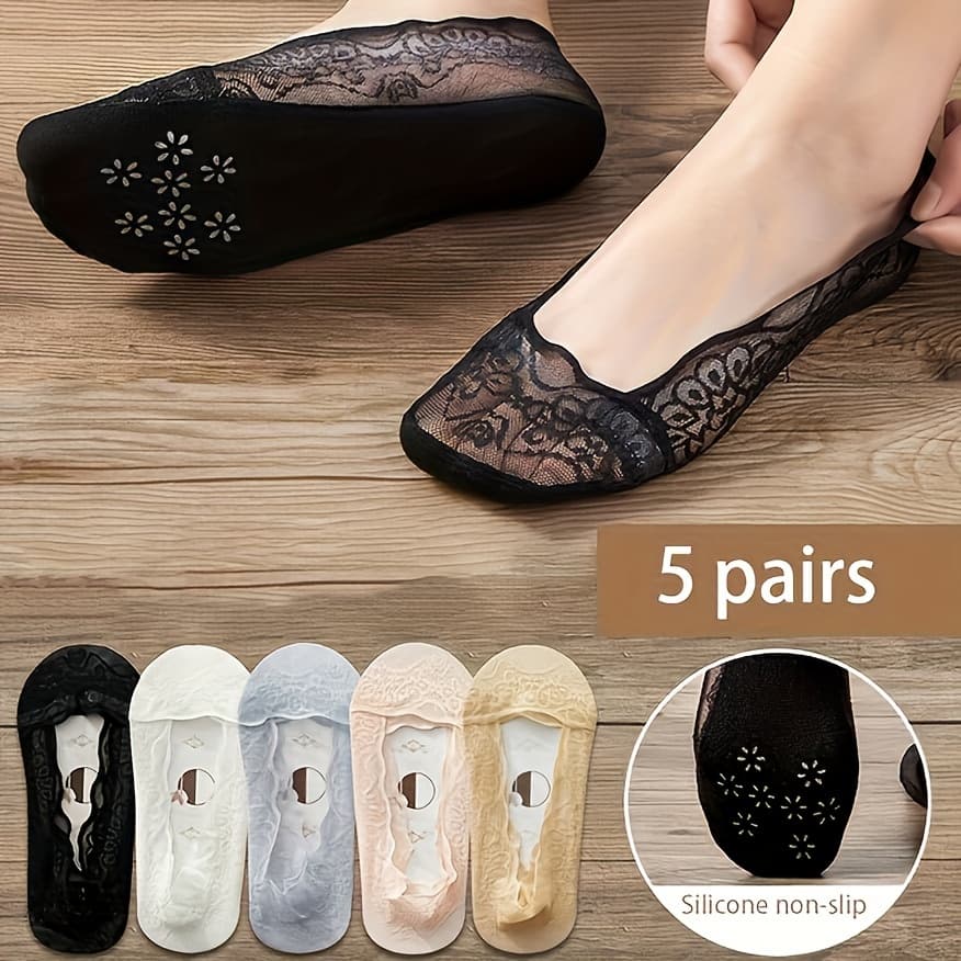 TEMU 5 Pairs Of Floral Lace Boat Socks, Non-slip And Breathable Summer Invisible Socks, Suitable For Men And Women