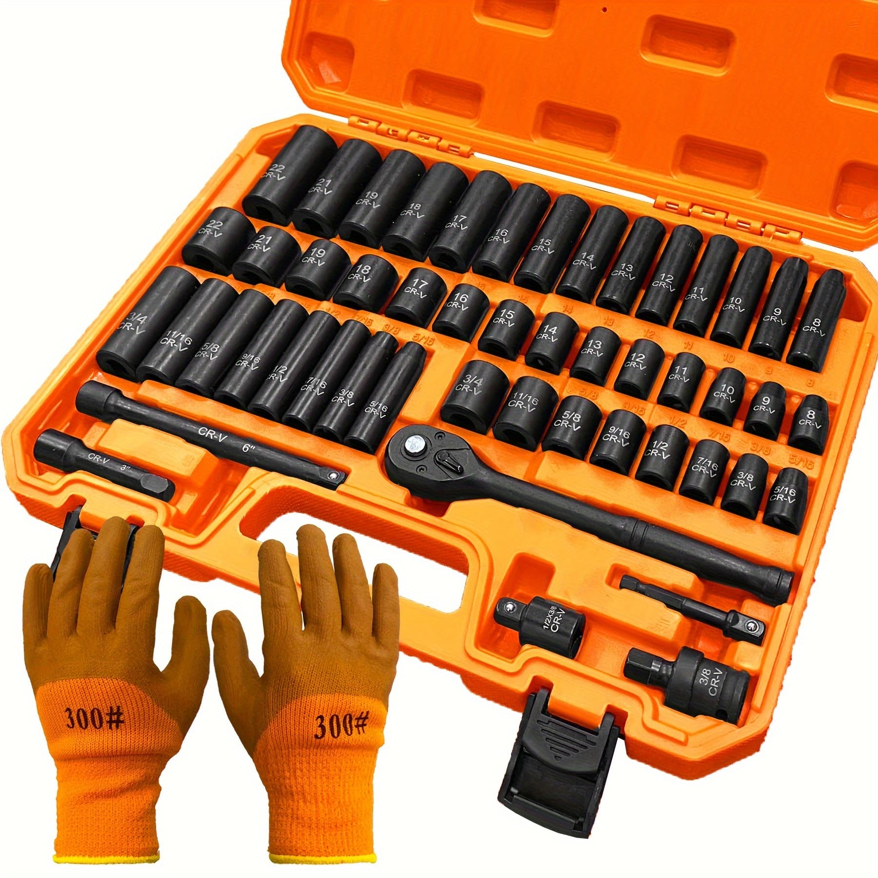 TEMU 50pcs Impact Socket Set 3/8" Drive, Sae (5/16" To 3/4") & Metric (8 To 22mm) Sizes, 6-, Includes Ratchet Handle, Extension Bar & Joint, , With Gloves.