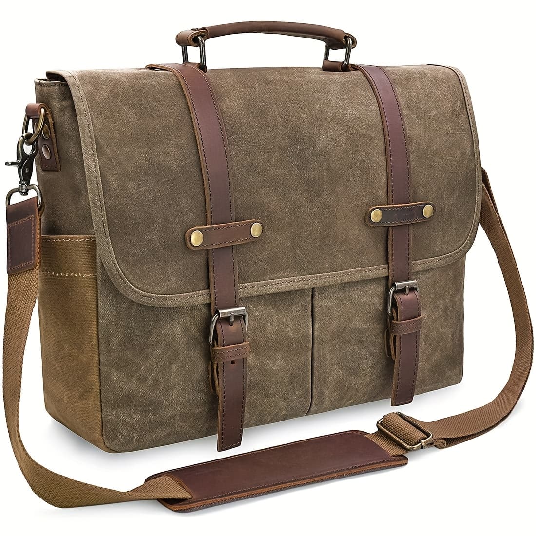 TEMU Rainsmore Mens Messenger Bag 15.6 Inch Vintage Waxed Canvas Briefcase Large Computer Laptop Bag Rugged Satchel Shoulder Bag, Brown