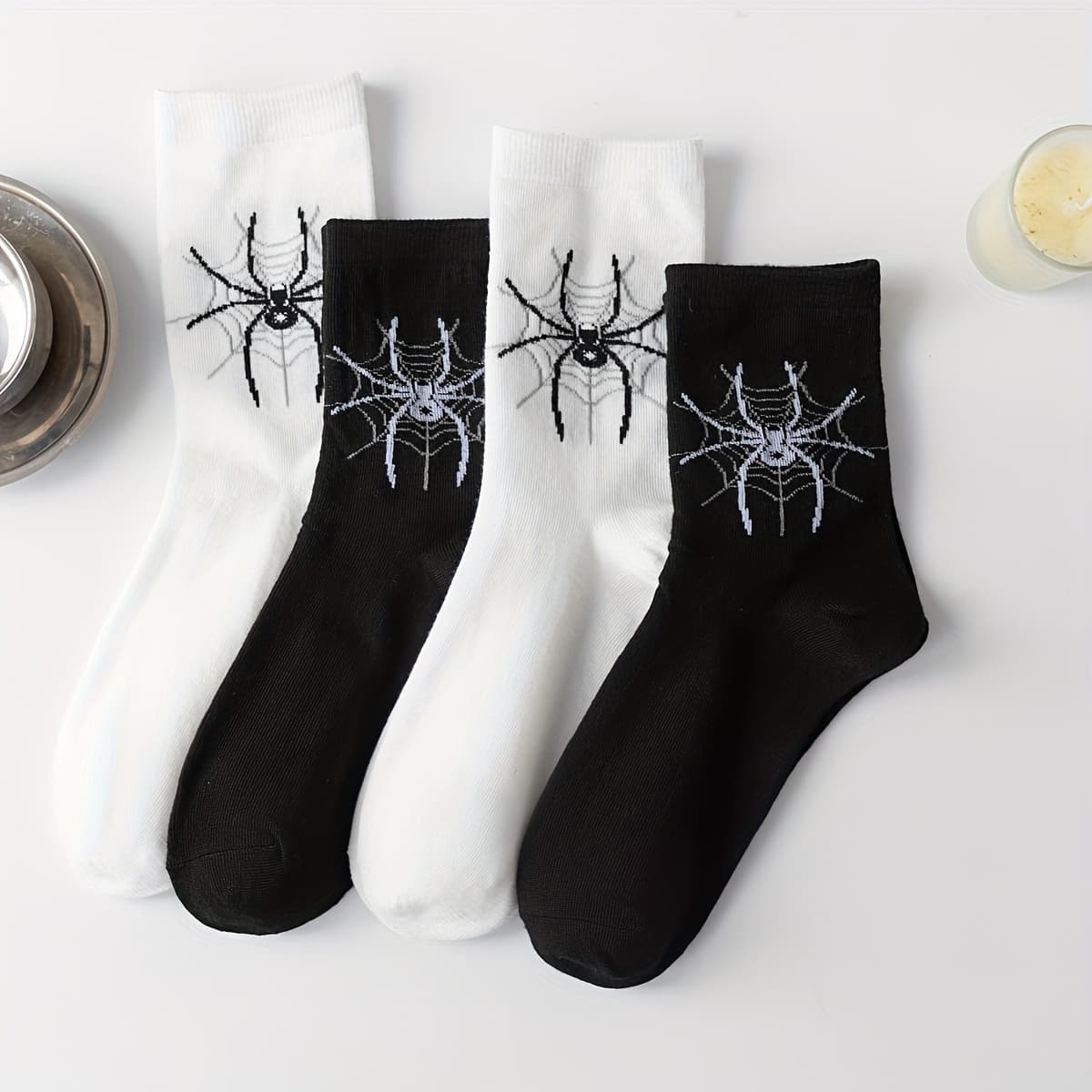TEMU 4 Pairs Of Men's Black And White Spider Web Socks With Halloween Horror Elements, Mid-calf Length