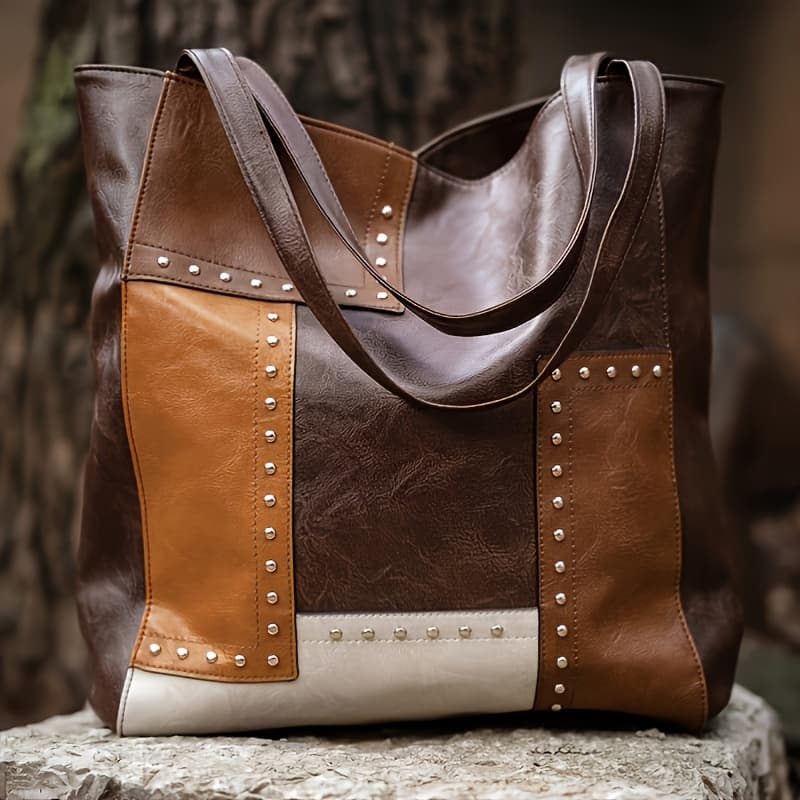 TEMU Vintage-inspired Tote Handbag - Colorblock Design, , Spacious Interior, Shoulder Straps, And Magnetic Closure - Unique, Handcrafted, And Daily Use