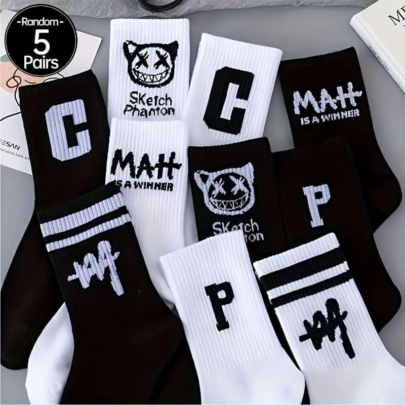 TEMU Random 5 Pairs Of Women's Knee-length Socks, Cartoon Print, Polyester Fabric, 98% Polyester Fiber, 2% Spandex, Hand Washable