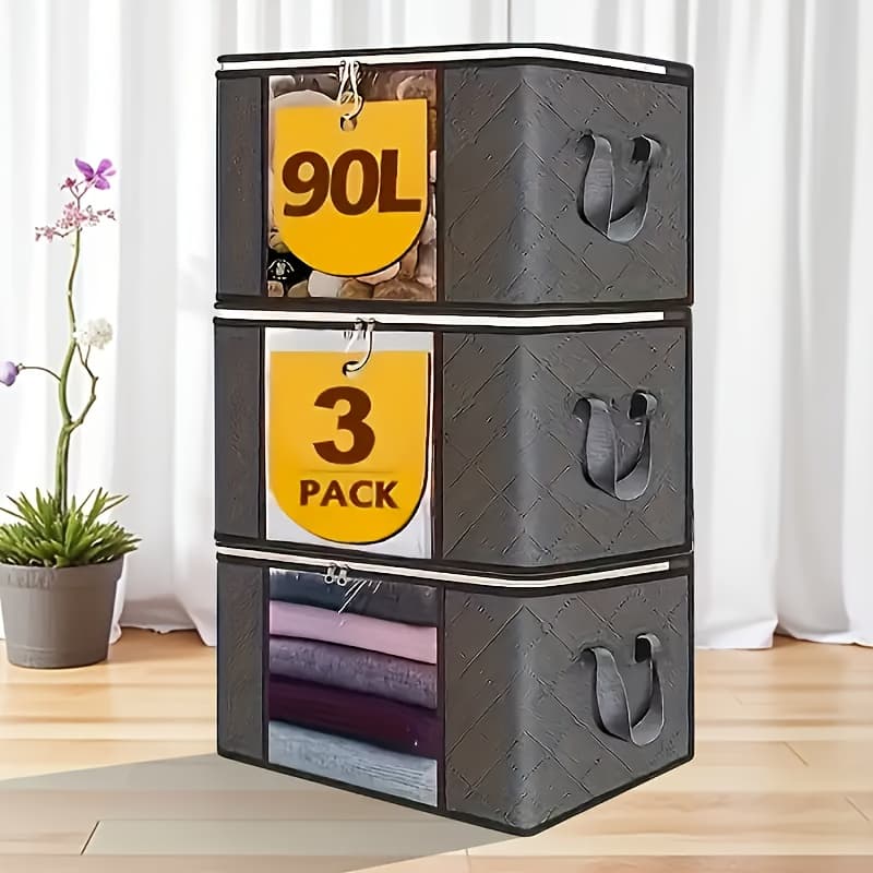 TEMU 3pcs Set, Extra Large Storage Bags With Zipper And Lid - Foldable Durable Organizer For Bedding, Blankets, Pillows & - Portable Handles, Travel Essential, Oversized Storage Box