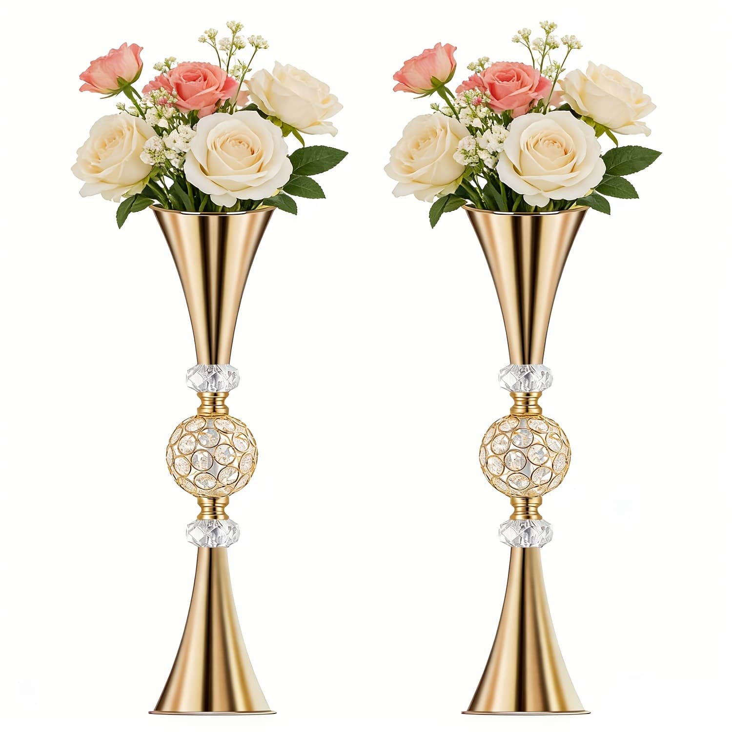 TEMU 2pcs Golden Tall Vases For Centerpiece - 27.6'' Large Trumpet Vase For Bouquet Skinny Decorative, Table/floor Vase Flower Stand For , Dining Table Decor, Bridal Shower, Wedding