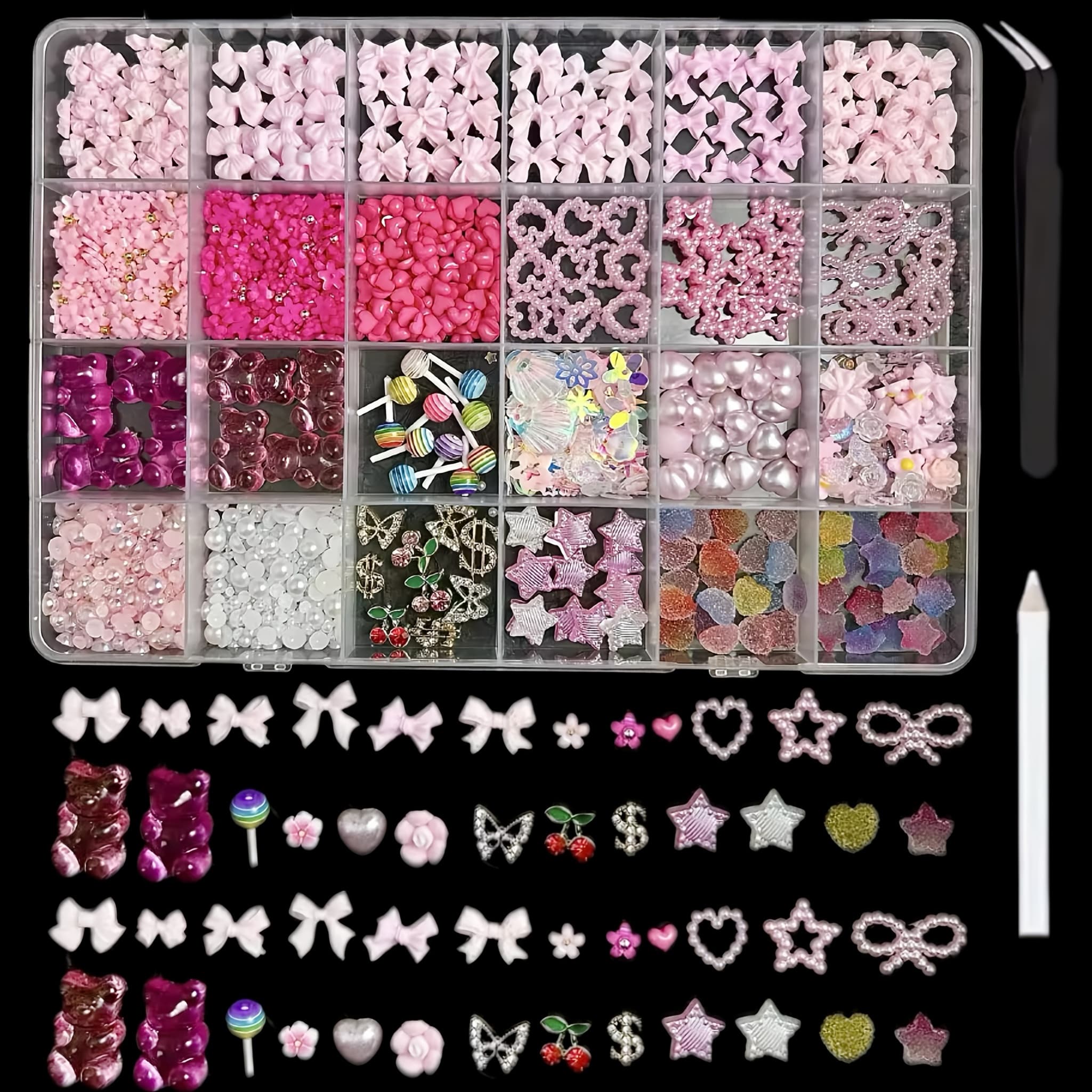 TEMU A Box Of Iridescent Nail Charms Featuring Candy Ribbon Bows, , 3d Pearls, And Rhinestones, Perfect For Valentine's Day, Weddings, , And Birthday Crafts For Teens And Women