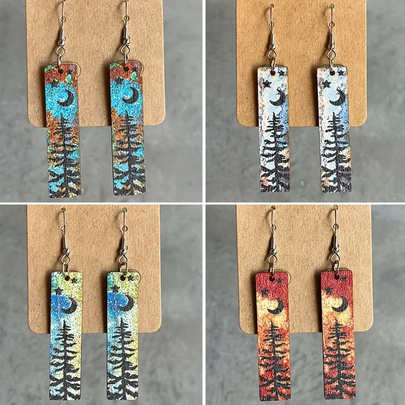 TEMU 4 Pairs Vintage Western Style Dangle Earrings Pine Tree Star Moon Wooden Jewelry Women's Geometric Rectangle Drop Earrings