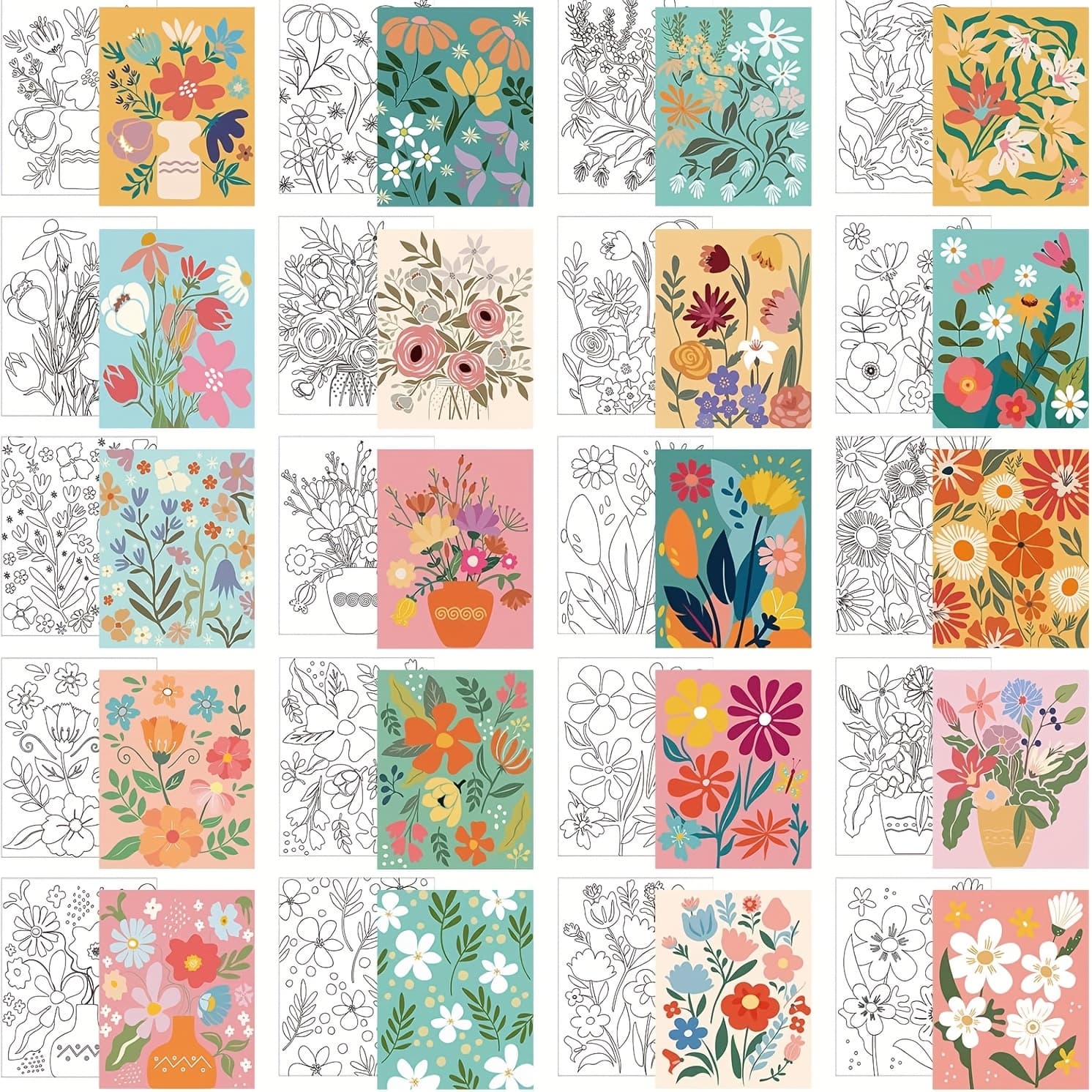 TEMU 20pcs Stretched Pre Drawn Canvas Black Art For Painting For Adults Outline Pre Drawn Stretched Party Set, 8 X 10''(floral)