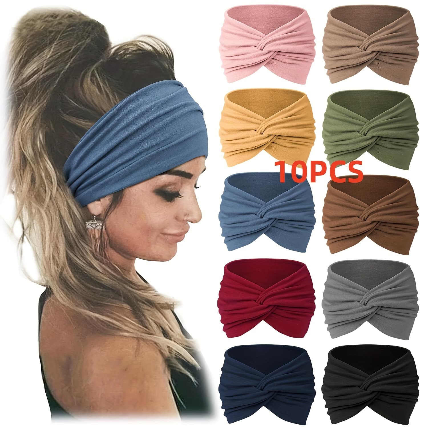 TEMU 10pcs Wide Soft Ladies Headband Hair Wrap, Bohemian Fashion Bandanas Elastic Yoga Hair Bands Hair Accessories, Head Wraps Knotted Stretch Non-slip Big Hair Bands For Yoga Running Large Sports