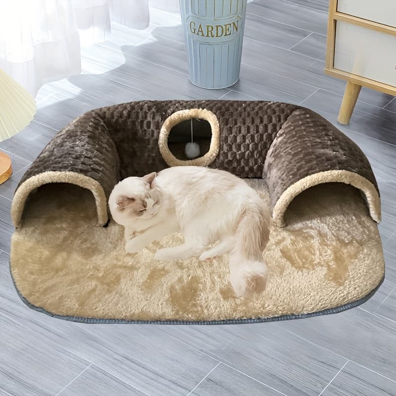 TEMU 2-in-1 Cozy Cat Play Tunnel & Bed - Non-slip, Pet House With Soft Polyester Fiber Fill