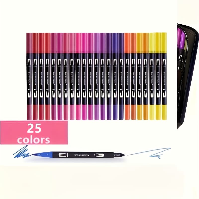 TEMU 25colors Double-headed Watercolor Pens - Set - Durable Plastic Pen Body - Ideal Christmas Gift, Suitable For Painting, Sketching And Making - Watercolor Painting Supplies