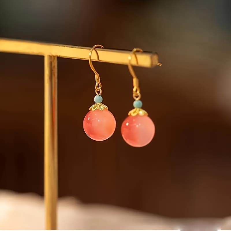 TEMU [vintage Earrings] Elegant Chinese Handcrafted Round Bead Earrings, Vintage , Glass Dangle Earrings For Women, Fashion Accessory, Daily Wear And Gift-