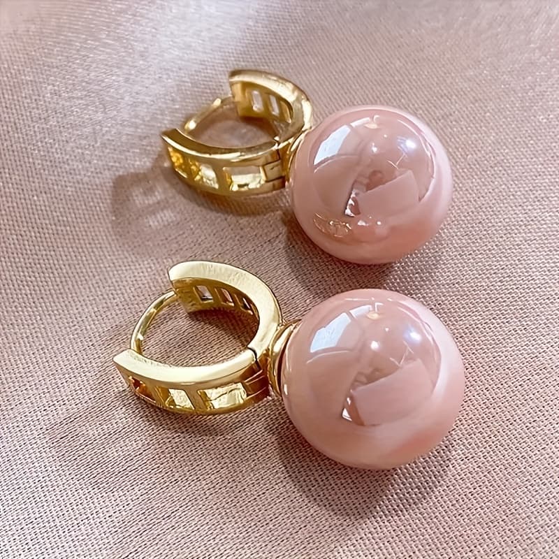 TEMU Elegant Pink Pearl Hoop Earrings - Nickel-free Copper With Cubic Zirconia Accents, & Parties, Pearl Earrings