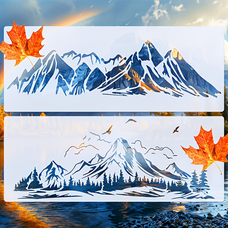 TEMU Set Of 2 Large Mountain Stencils Measuring 11.8×5.5 Inches - Reusable Templates Featuring Mountains, Trees, And Birds For Wall Art, Furniture Painting, Glass Decoration, And Crafts