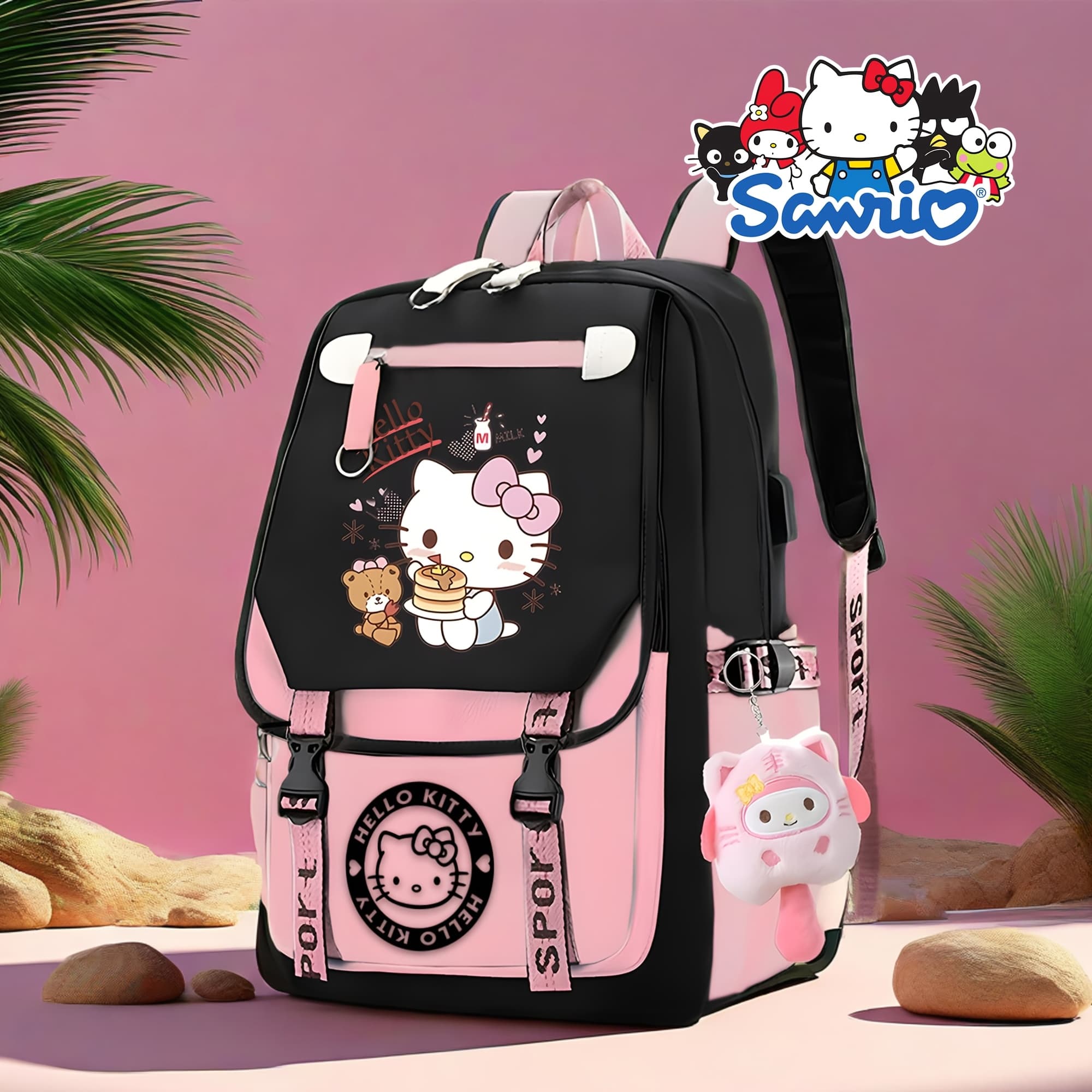 TEMU Hello Kitty Backpack With Cute Pendant & Luggage Tag - / Bookbag, Large Capacity Travel Computer Case Suitable For,, College,