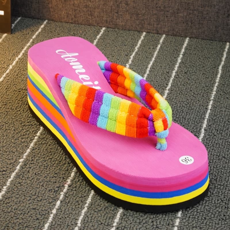 TEMU Women's Summer Beach Flip Flops - Thick Sole Casual Sandals, Black And Pink Rainbow Stripe, Soft Tpu Material, Wear, Women Shoes