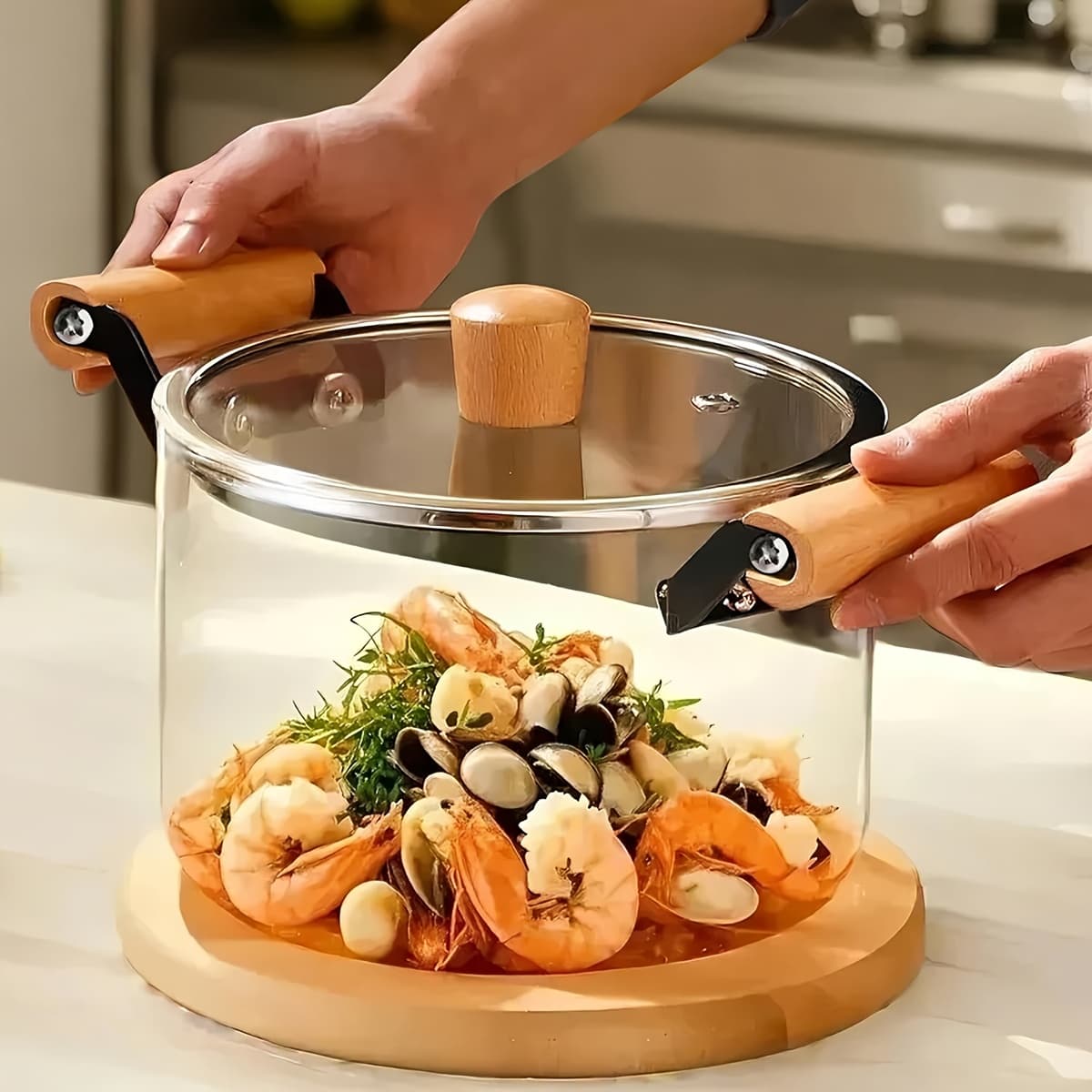 TEMU 85oz/2500ml Cooking Pot With Wooden Handle, Durable High Borosilicate Glass, Heat-resistant Glass Soup Pot, Cooking Pot For Seafood, Pasta, , Durable Glass Cookware, Cooking Pot
