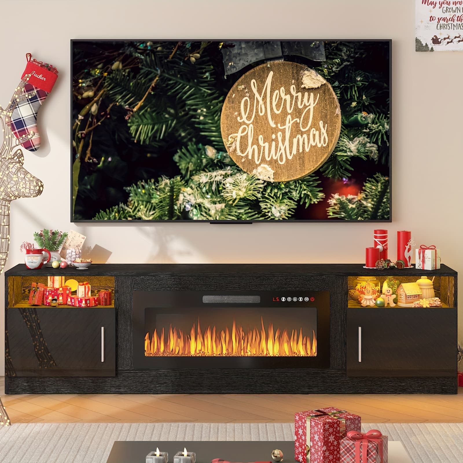 TEMU Fireplace Tv Stand For Tvs Up To 90" Tv With 36" Electric Fireplace, Entertainment Center With Fireplace, Tv Stand With Fireplace Led Light, Entertainment Stand