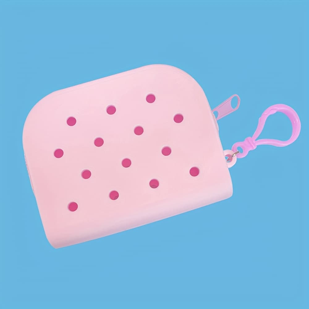TEMU Chic Pink Cartoon Silicone Wallet With Diy Hole Design - Versatile Storage For Earphones & Accessories, Perfect Backpack Charm, Diy Crafts, Beading Storage, Beading&jewelry Making