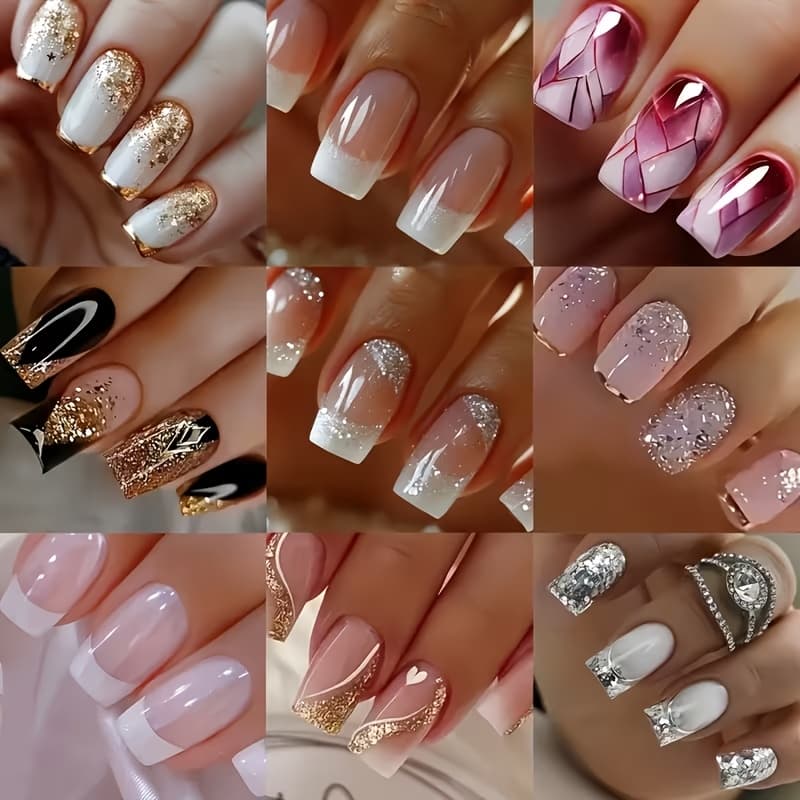 TEMU 96pcs Medium 4-color , Summer White French Easy Gradient Full-cover Nail Sticker Set, Women's Removable False Nail Sticker Combination Kit
