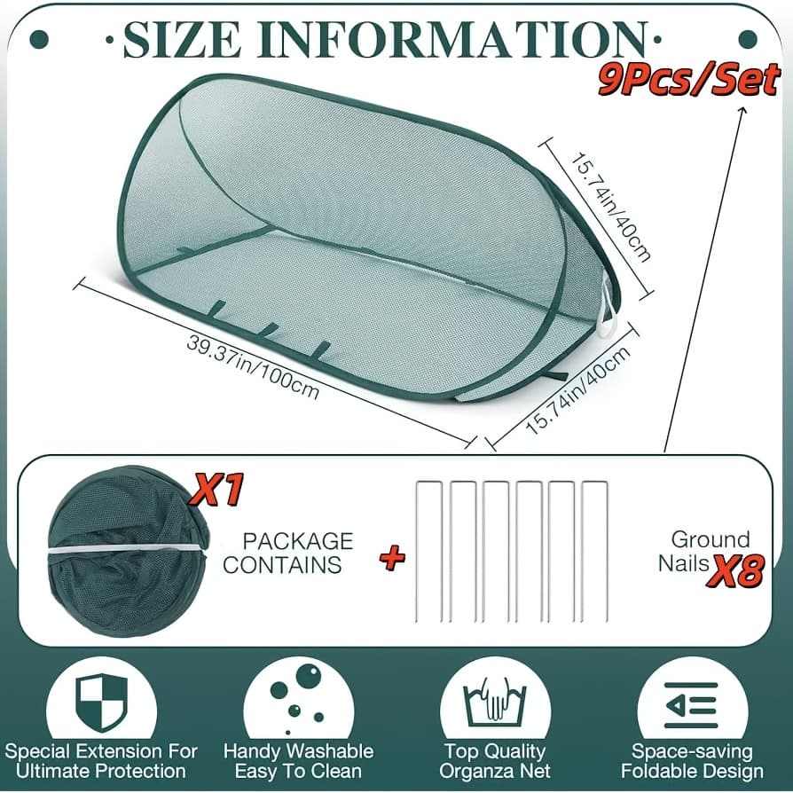 TEMU 9pcs Pop-up Plant, Vegetable, And Fruit Insect Protection Cover Set = (1 Insect-proof Net + 8 Ground Pegs) Anti-bird And , Protective Cover For Flower Planting