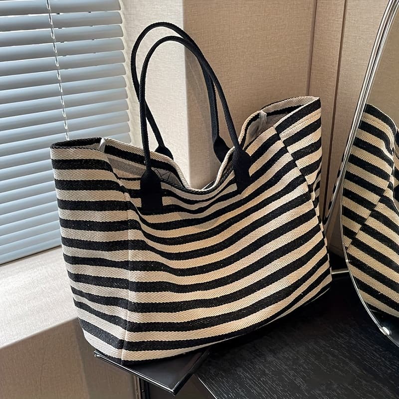 TEMU Casual Striped Canvas Shoulder Bag For Women Large Capacity Student Bookbag Tote Bag