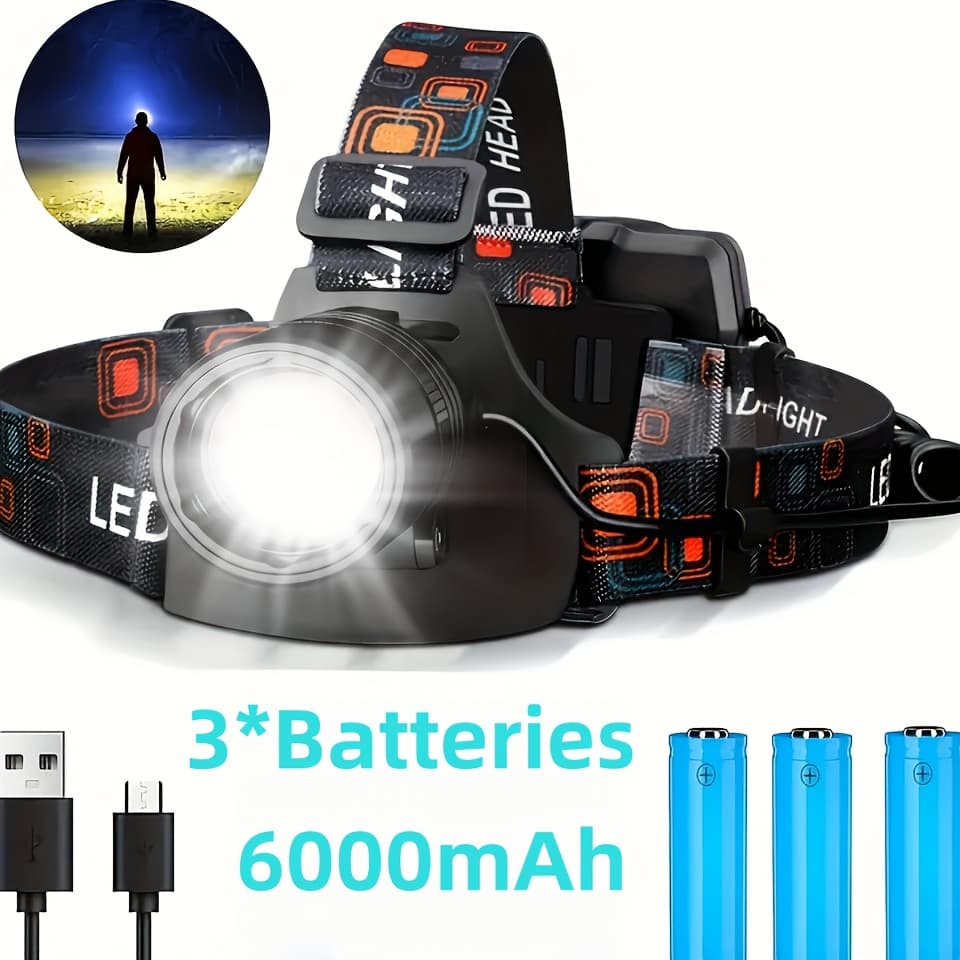 TEMU High-quality Aluminum Alloy Led Portable Headlamp, 3 , Type-c Charging, 6000mah Long , 1500 , Suitable For Camping, Work, And Emergencies