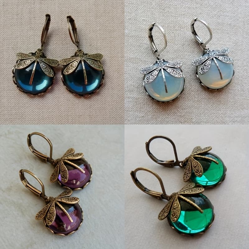 TEMU 1/4 Pairs Dragonfly Pattern Artificial Gemstone Women's Earrings, Multi-colored Glass Convex Round Retro Earrings, Perfect Gift For Women And