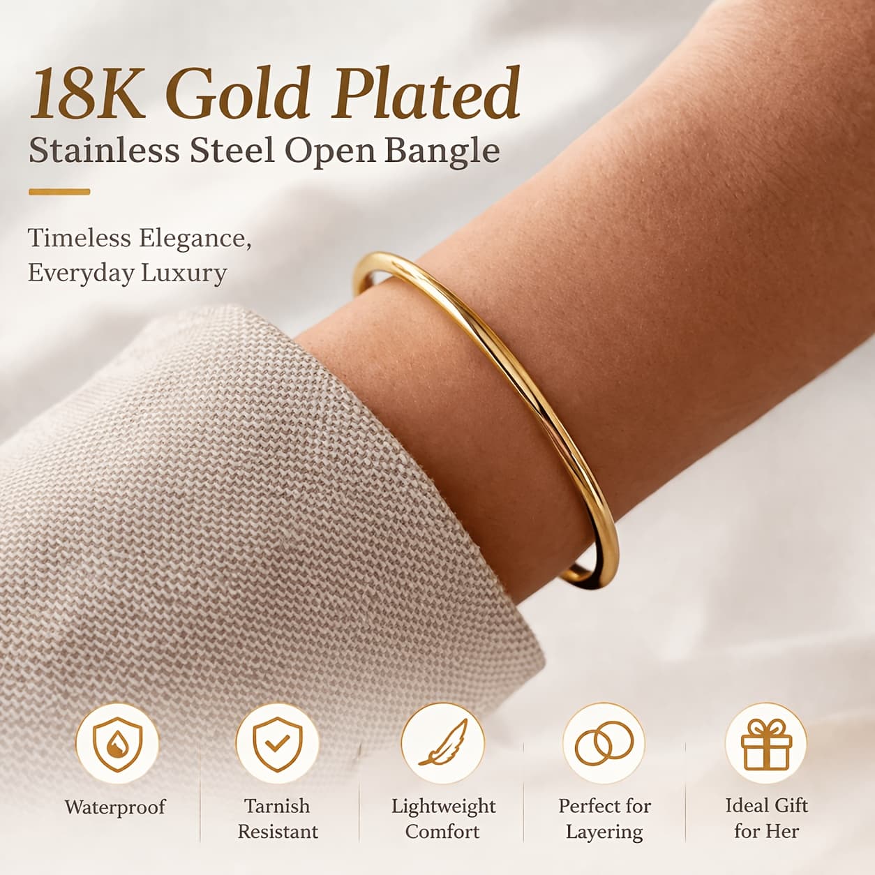 TEMU 18k Gold Plated Stainless Steel Women's Bracelet Never Fade, Waterproof, Stackable Elegant Bangle For Everyday & Party Wear, Gift For Her,