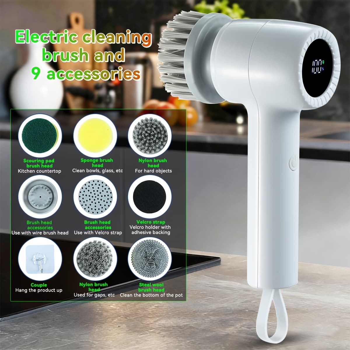 TEMU Wireless Electric Cleaning Brush - Multi Brush Heads And 2-speed ., Long Led Display. Ideal For Kitchen, Stove, Dishes And Versatile Home Cleaning. Effortless Deep Cleaning