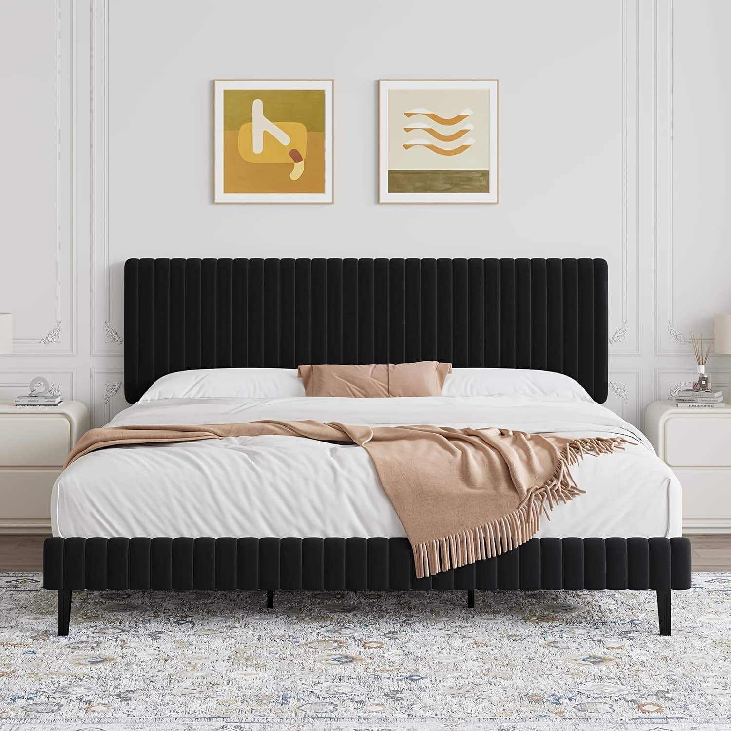 TEMU Twin Full Queen King Size Bed Frame, Velvet Upholstered Platform Bed With Vertical Channel Tufted Headboard And Footboard, Spring Required, Easy Assembly, /pink/green/blue