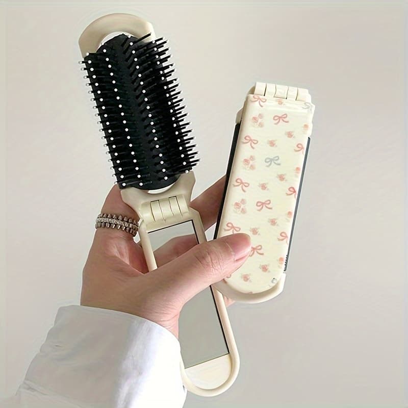 TEMU 1pc Bow Flower Print Comb, Portable Cushion Comb With Mirror, Foldable (pattern Position Random)