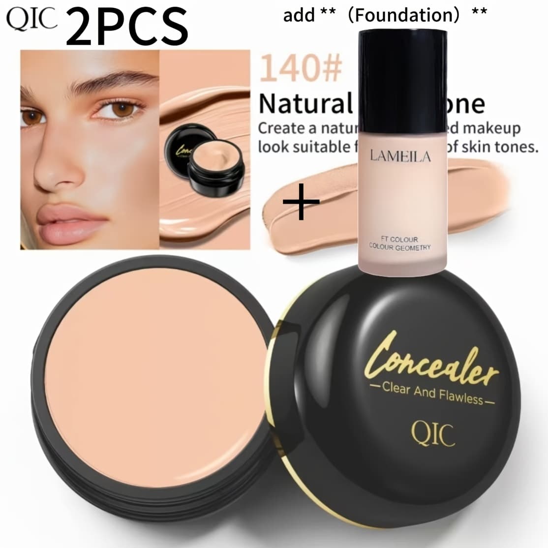 TEMU 2pcs Qic Full Coverage Concealer Cream - Waterproof , Plant-based Formula With Options ( To Dark) For Tones | Buildable Coverage Suitable For, Dark Spots, & Blemishes