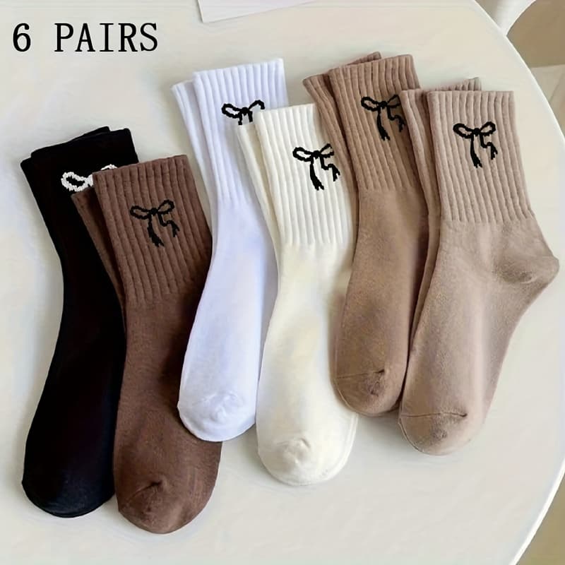 TEMU 6 Pairs Of Women's And ' Solid Color Bow Pattern Mid-calf Socks, Cute And Sweet, Comfortable Breathable , Suitable For All , Holiday Gift