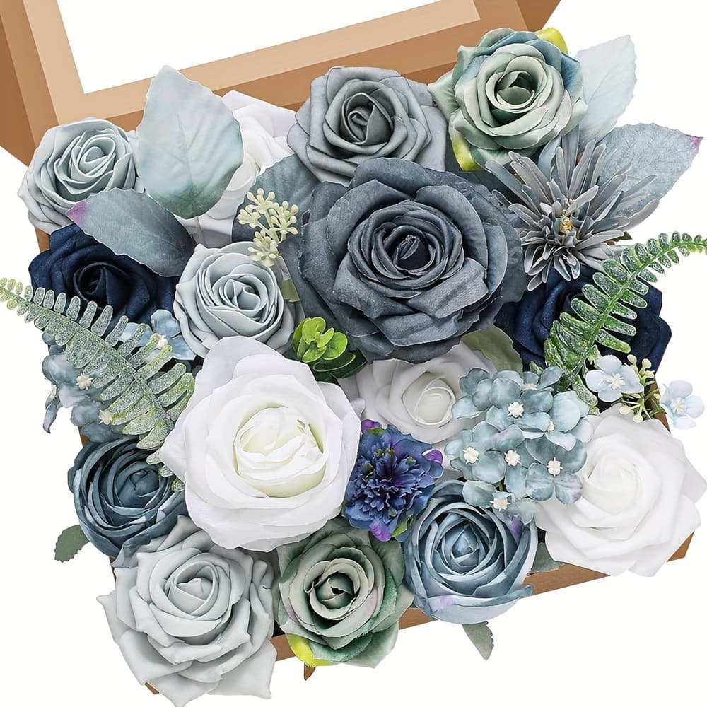 TEMU Artificial Flower Gray Blue Flower Combination Realistic Wedding Bouquet Centerpiece, Bride Shower Party Home Decoration, Party Shower Home Decoration, Winter Christmas