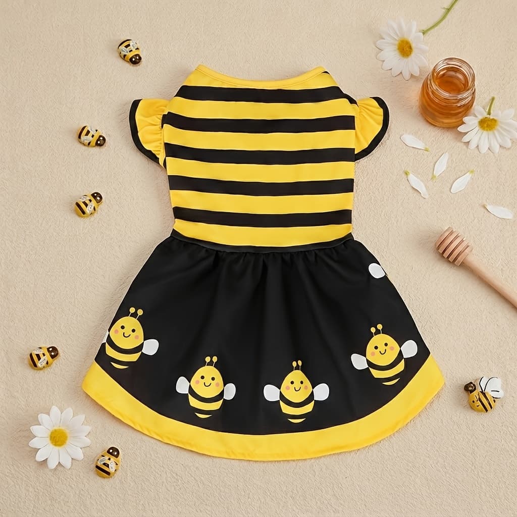 TEMU 1pc Of Cute Bee Striped Printed Pet Dog Dress With Small Fly Sleeves, Suitable For Small/medium-sized Dogs And Cats To Use In Summer