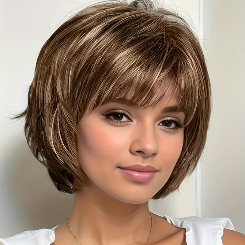 TEMU Elegant Women's Bob Wig With Bangs - Stylish Brown Straight Hair, Soft High-temperature Fiber, Perfect For Parties & Everyday Use, Party Hair Accessory, Layered , Comfortable