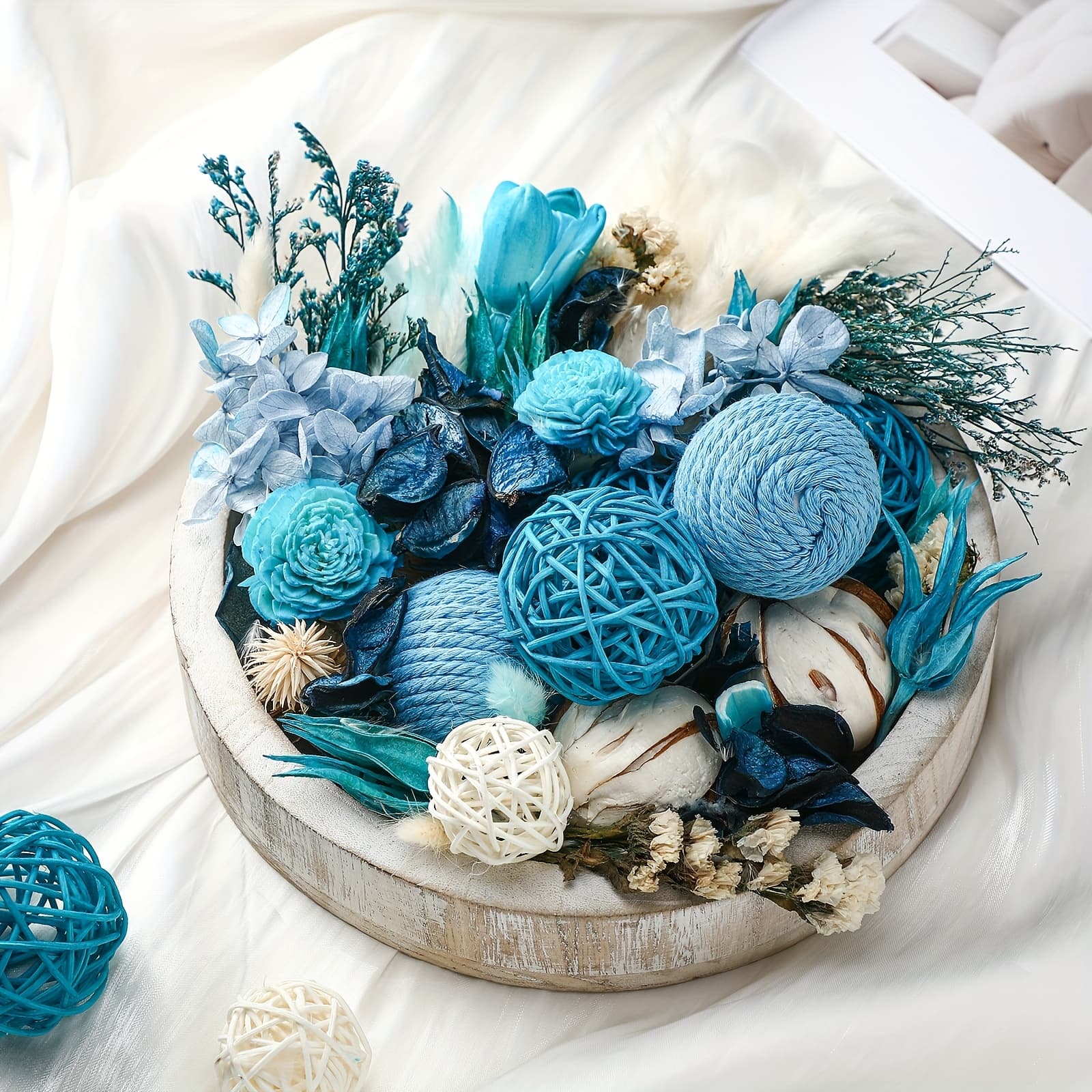 TEMU 2pcs Natural Wood & Rattan Spherical Vase Fillers - Blue Decorative Balls Suitable For Home Centerpiece, Tabletop Arrangements, Bowls - Wood Filler Decor, Style (2pcs)