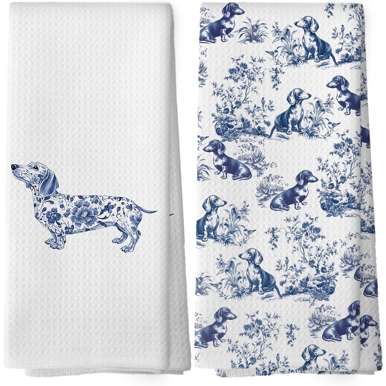 TEMU 2pcs Dachshund Print Kitchen Towels, Blue White Chinese Style Dishcloths, Soft Absorbent Tea Towels For Home Kitchen Decor