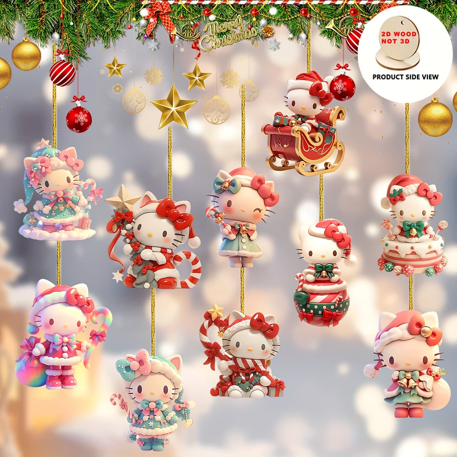 TEMU 2d Flat - Set Of 10 Decorative 2d Wooden Ornaments Featuring For Hello Kitty, Perfect For Enhancing The Festive Spirit On Christmas Trees, Doors, And Windows, As Well As For Family
