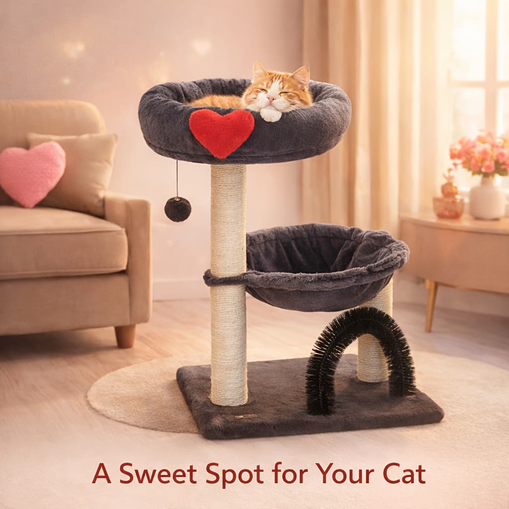 TEMU Cat Scratching Post With Cozy Perch And Hanging Toy, 27.8 Inch Cat Tree For Indoor Cats, Soft Plush Design, Valentine Style Cat Furniture